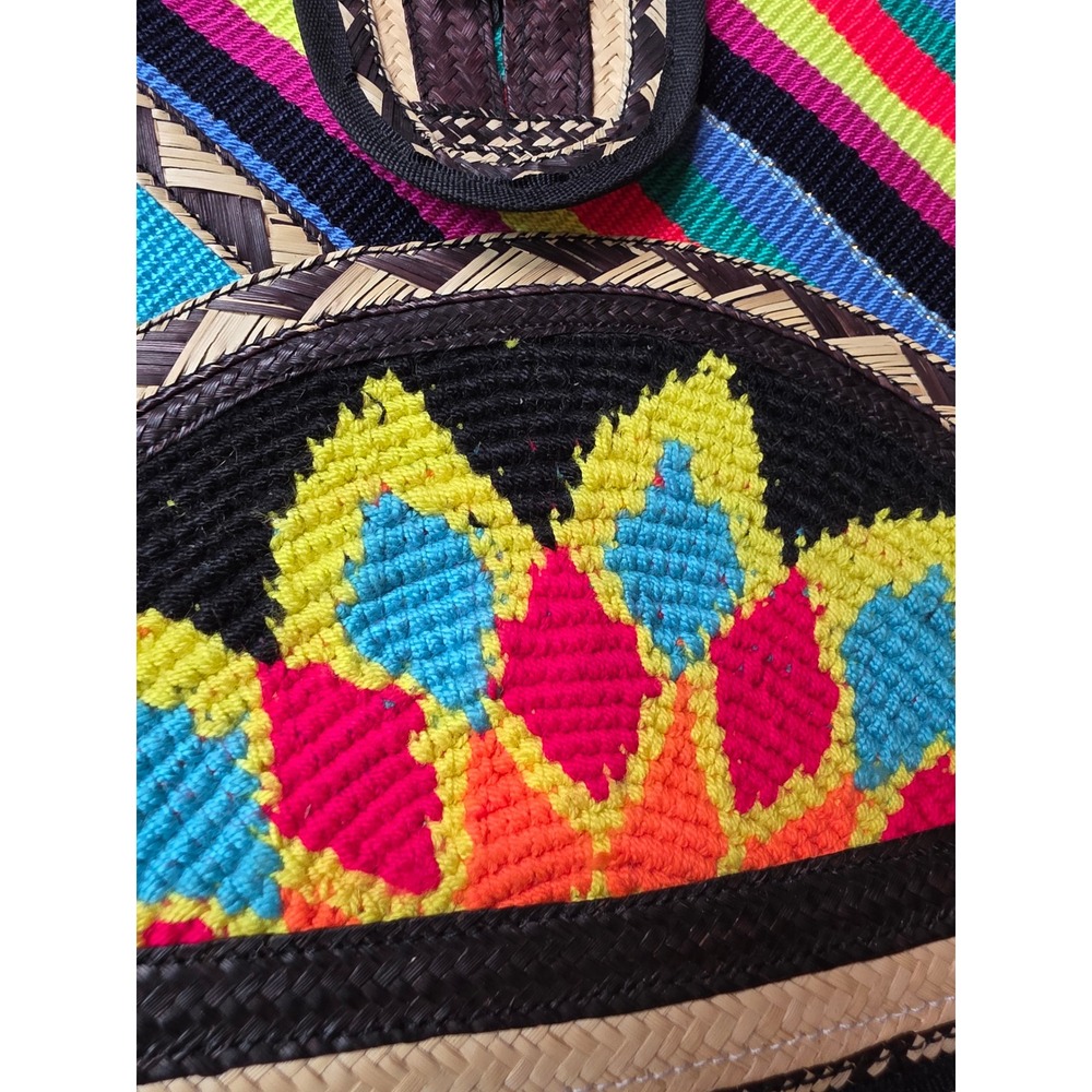 Boho Woven Straw Striped Tote Bag Multi Color Embroidered Floral Wooden F1 - Picture 7 of 16